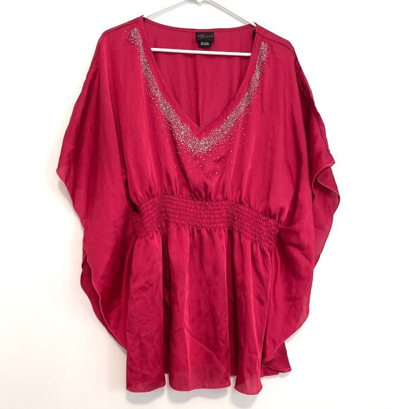 OLD TAG TORRID Plus Size Raspberry Red Beaded Sequin Satin Kimono Sleeve Blouse - Picture 1 of 16